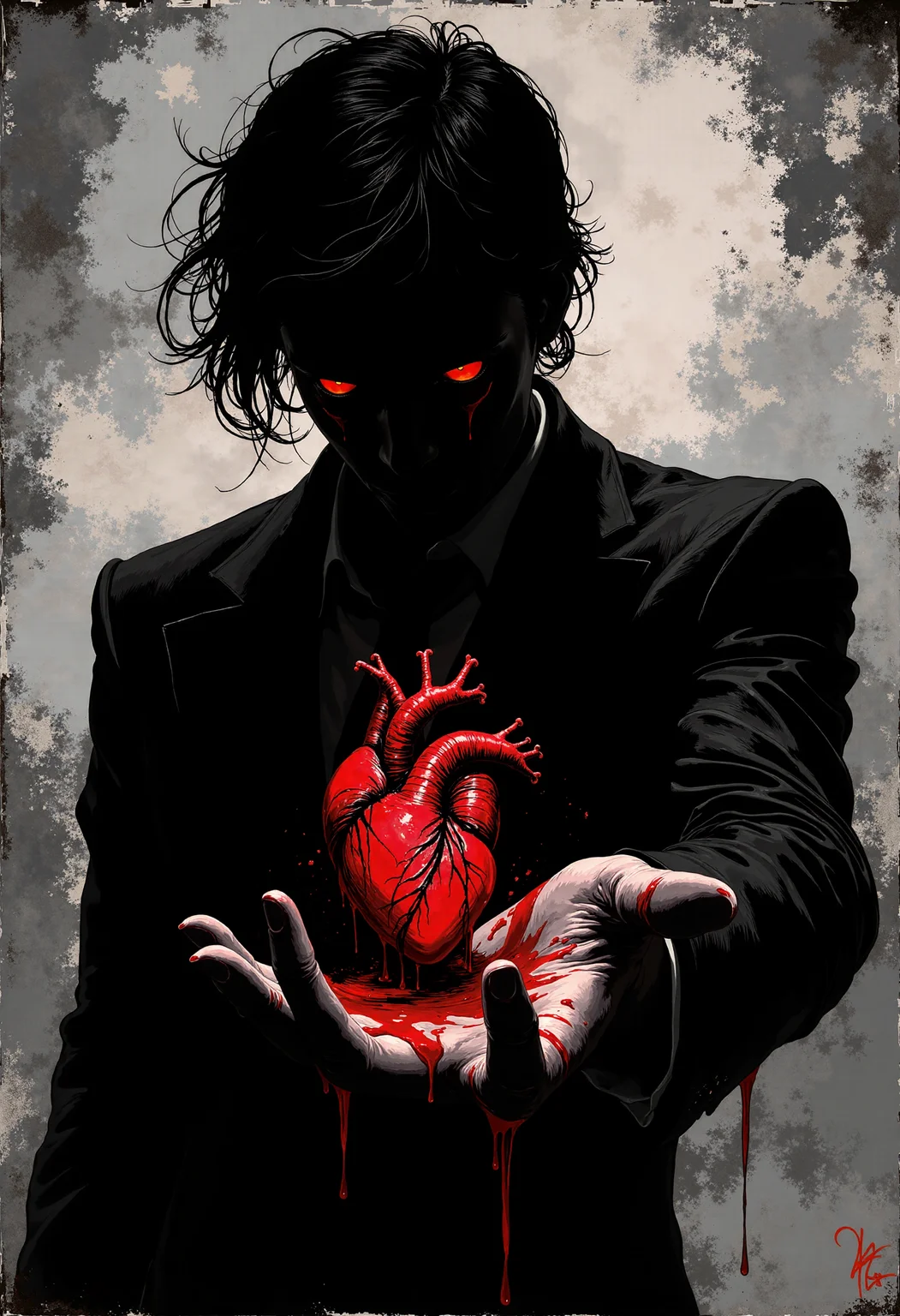 a black correspondence silhouette with red eyes created from ink in an abstract semi-darkness. He holds out his hand, which contains a living, bleeding heart. He squeezes it slightly, digging his claws into it. It is veined . The emphasis of the image is placed on the heart. <lora:flux_train_replicate:0.5>, Style of BNR red highlights and outlines , <lora:Wraith_BW_Flux:0.7> B&W , <lora:FLUX-daubrez-DB4RZ-v2:0.8> , <lora:detailed_v2_flux_ntc:0.5>