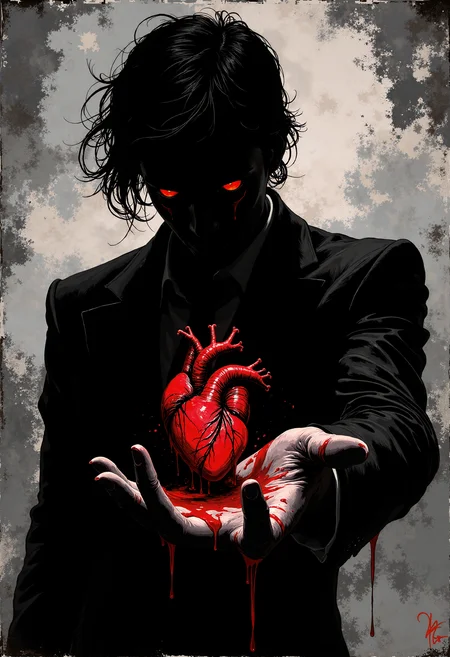 a black correspondence silhouette with red eyes created from ink in an abstract semi-darkness. He holds out his hand, which contains a living, bleeding heart. He squeezes it slightly, digging his claws into it. It is veined . The emphasis of the image is placed on the heart.  <lora:flux_train_replicate:0.5>, Style of BNR red highlights and outlines ,  <lora:Wraith_BW_Flux:0.7> B&W ,  <lora:FLUX-daubrez-DB4RZ-v2:0.8> , <lora:detailed_v2_flux_ntc:0.5>