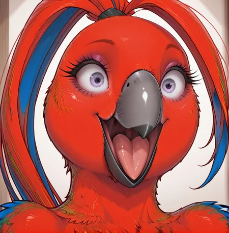 masterpiece, best quality, amazing quality, newest, realistic, aleta, female anthro, (avian, parrot), detailed feathers, red feathers, blue feathers, feather_ponytail, detailed face, makeup, detailed purple eyes, long eyelashes, beak, open mouth, detailed tongue, excited expression, face close up
