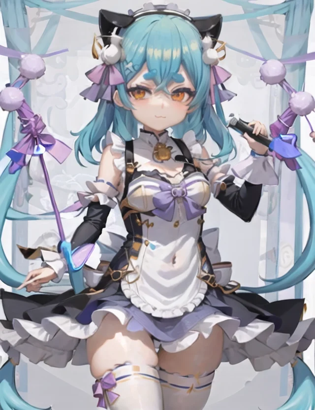absurdres, UHD, 8K, 1girl, virtual youtuber, solo, horns, blue hair, long hair, :3, thick eyebrows, blue eyes, short eyebrows, bangs, purple ribbon, microphone, animal ears, hair between eyes, ribbon, closed mouth, multicolored eyes, upper body, maid headdress,