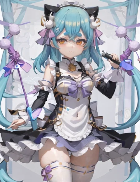 absurdres, UHD, 8K, 1girl, virtual youtuber, solo, horns, blue hair, long hair, :3, thick eyebrows, blue eyes, short eyebrows, bangs, purple ribbon, microphone, animal ears, hair between eyes, ribbon, closed mouth, multicolored eyes, upper body, maid headdress,