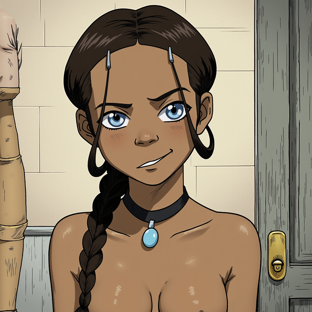 depicting an explicit sexual scene. the central figure is a young woman with a light brown skin tone, mischievous expression on her face. she is completely nude, depicting a young woman with a light brown skin tone, and she wears a black choker with a blue pendant., gentle smile. her physique is slender with small, secured with a red hair tie. the braid is intricately woven with a visible pattern of alternating dark and light strands., dark brown hair styled in loose waves, silver hair ties