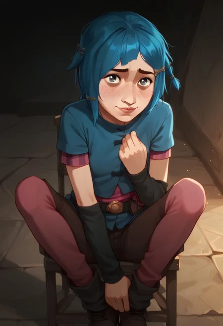 score_9, score_8_up, score_7_up, score_6_up, score_9, score_8_up, score_8, ultra detailed, semi realistic, 1 girl, solo, 
PowderJinx, blue hair, cutting hair, asymmetrical bangs, bangs, hairclip, hair ornament, short hair, single braid, side braid, braided ponytail, grey eyes, freckles,
shirt, blue shirt, short sleeves, striped sleeves, pink sleeves, arm warmers, black arm warmers, blue skirt, showgirl skirt, skirt, belt, pants, brown pants, short pants, leggings, pink leggings, leg warmers, blue leg warmers, shoes, brown shoes,
siting on chair, smiling, hands on chest, shy expression, blush, red face, looking at viewer,