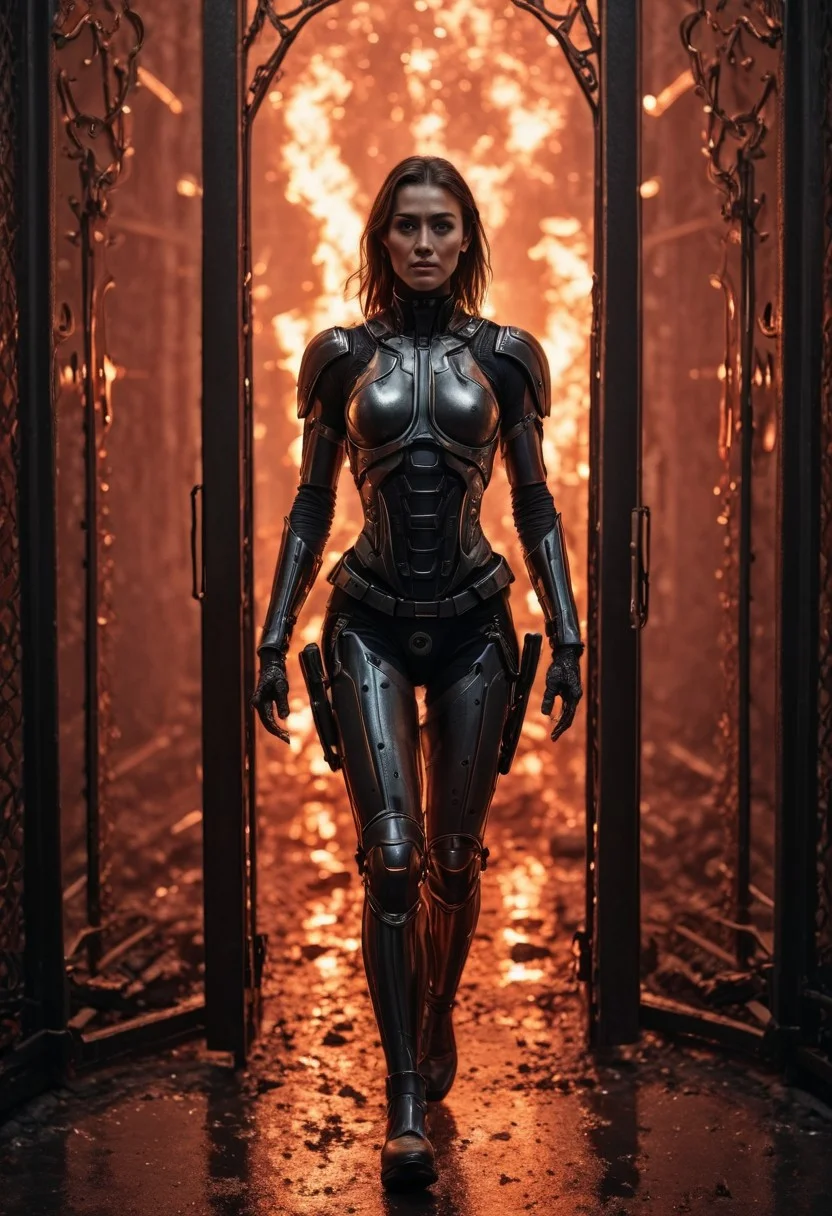 FULL BODY SHOT, extremely detailed, Off-center composition,A extremly fully detailed full body portrait of the android girl opening hell gates,cinematic background,fire tinted light,vignette, highly detailed, high budget, bokeh, cinemascope, moody, epic, gorgeous, Hyperrealistic 24k,ANDROID