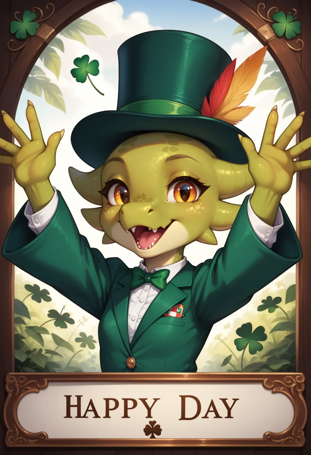 score_9, score_8_up, score_7_up,
source_furry, high quality, perfection, detailed, aesthetic, well-lighted,
1girl, solo, upper body,
(holiday card), (saint patrick's day), four-leaf clover background, (rainbow),
scalie female, anthro, scaled body, beautiful girl, cute girl, young, youthful, beautiful face, beautiful eyes, perfect eyes, detailed eyes,
(kobold girl:1.2), green scales, green skin, small breasts, petite, shortstack, (no hair, hairless, bald), yellow eyes, good hands,
leprechaun, gold designs, four-leaf clover symbol, formal suit, green jacket, green pants, top hat, oversized clothes, very long sleeves,
happy, happy expressing, open mouth, looking at viewer, arms up,