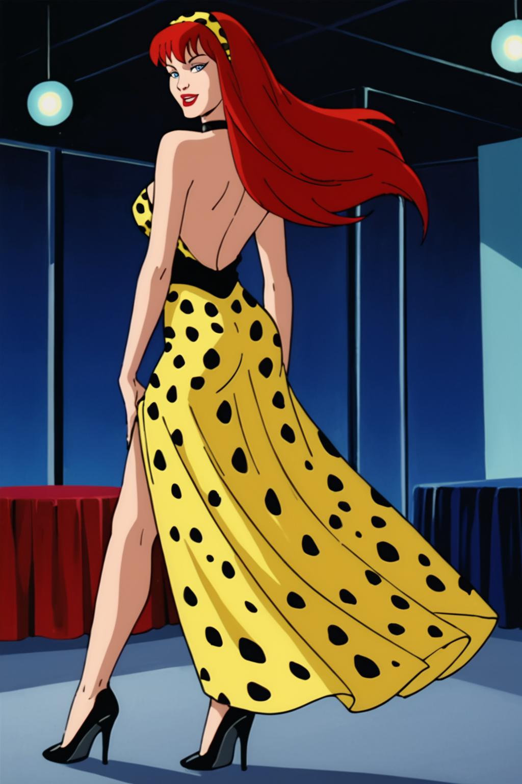 PonyXLV6_Scores, ((retro artstyle, parody), perfect anatomy, perfect eyes) <lora:add_details_xl:1> BREAK <lora:MJ90s:0.8> mary jane watson, long hair, red hair, lipstick, red lips, blue eyes, sultry eyes, naughty face, parted lips ((looking back at viewer)), formal, headband, long dress, choker, leopard print, animal print, high heels, model pose, arched back, teasing viewer, legs crossed, flirting with viewer, on stage, stage lights, fashion show, indoors