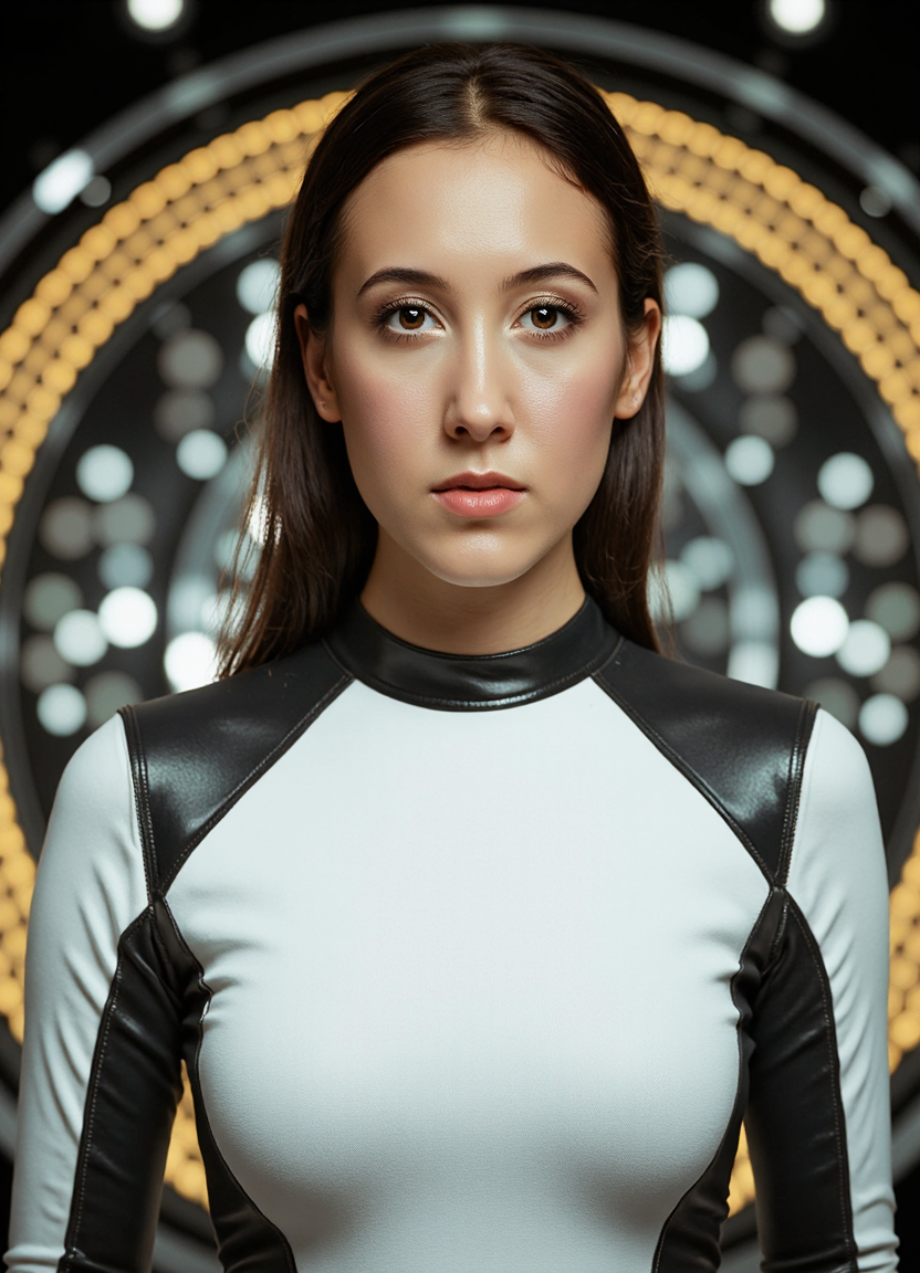 SFW, brightly lit, The image is a portrait of a woman standing in front of a futuristic background. She is wearing a white bodysuit with black accents on the sleeves and chest. The bodysuits have a high neckline and long sleeves. The woman has e hair styled in a sleek updo and is looking directly at the camera with a serious expression. The background has a circular pattern with orange and yellow lights. The overall mood of the image is futuristic and futuristic., aidmaimageupgrader<lora:flux\custom\celebrity\vanessa-carlton.safetensors:1.05:1.05> <lora:flux\turbo-8-step-flux.safetensors:0.5:0.5> <lora:flux\style\Common\aidmaImageUprader-FLUX-v0.3.safetensors:0.25:0.25>