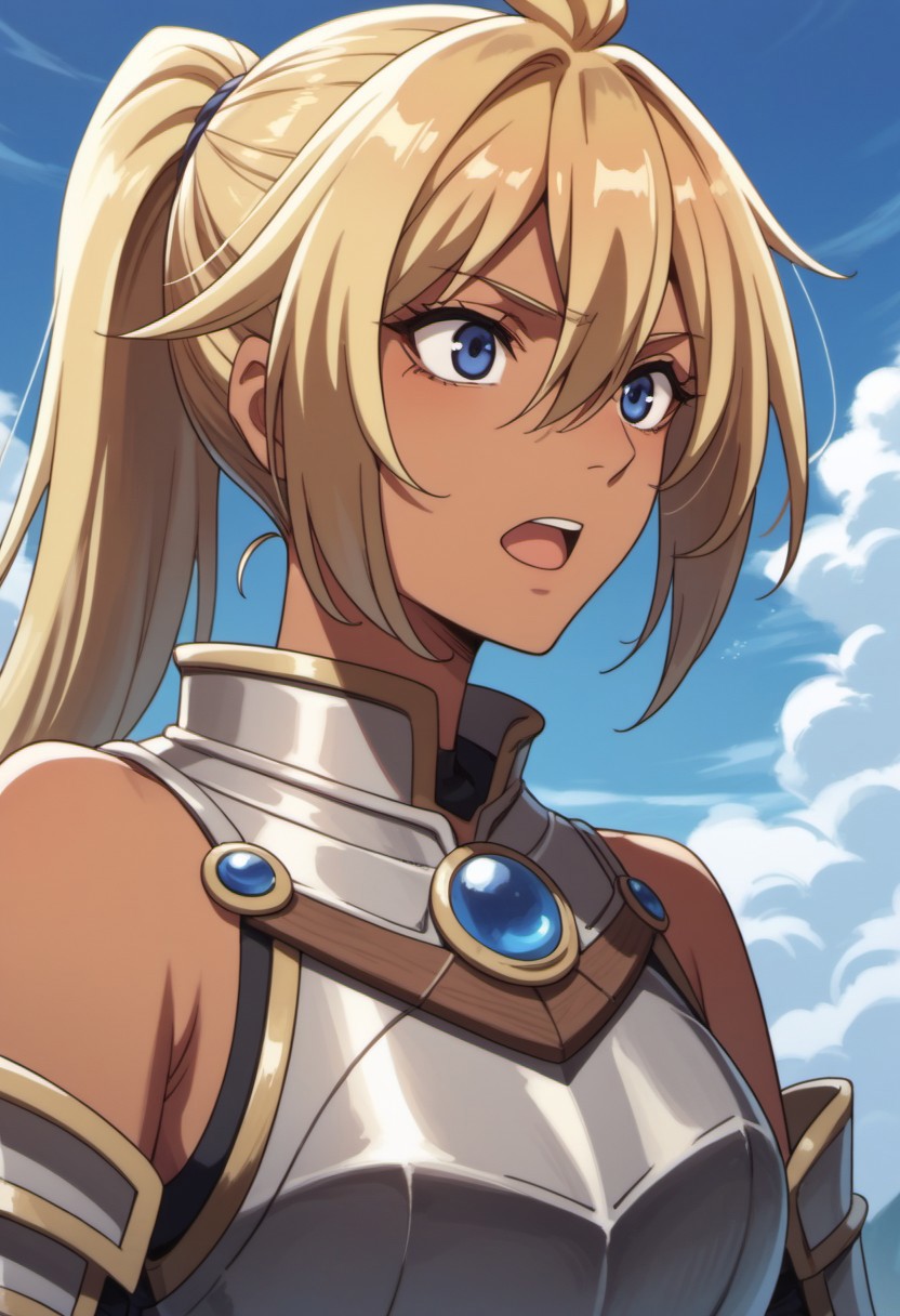 score_9, score_8_up, score_7_up, source_anime, bertrand, long hair, dark skin, dark-skinned female, blonde hair, blue eyes, 1girl, solo, ponytail, open mouth, bare shoulders, upper body, armor, sky, hair between eyes