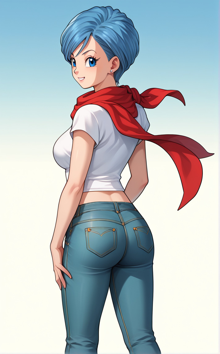 score_9, score_8_up, score_7_up, absurdres,looking back, from behind, kneepits, ass, back, hand on own thigh, standing, gradient background, solo, looking at viewer,  <lora:PONYXL_DragonBall_Bulma_ownwaifu:1> BREAK  MainOutfit_Bulma_ownwaifu, 1girl, blue eyes, blue hair, eyelashes, short hair, jewelry, white shirt, cleavage, stud earrings, medium breasts, red neckerchief, short sleeves, denim, red scarf, jeans, breasts, midriff, swept bangs, large breasts, t-shirt, blue pants, sleeveless shirt, midriff peek,  <lora:add-detail-xl:0.15>,