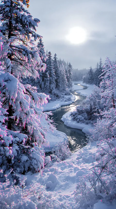 A remote, deep forest where the trees are frozen under a thick layer of frost. The branches are covered with heavy, glittering ice that shimmers in all the colors of the rainbow in the faint dawn light. The ground is covered with a thick layer of snow, streaked with fine ice crystals that sparkle in the light like tiny diamonds. In the background, a winding river can be seen, the water so cold that it has frozen into delicate, round ice crystals at the edges. A fine mist hangs over the river, giving the scene a mystical atmosphere. The sky above is gloomy and gray-white, with only a faint glimmer of sunlight breaking through the dense treetops and making the layers of ice glitter. There is no wind in this landscape, and the silence is overwhelming—only the faint crunching of ice and snow can be heard. The frost leaves everything in an icy, almost magical stillness, as if time itself has been frozen here. It is a scene that captures the pristine beauty and quiet, fragile power of ice in its purest form.
