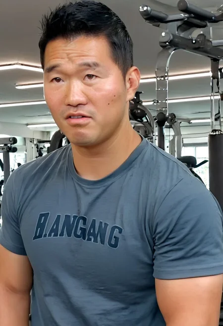 (((htkangface))), daddy,  natural face expression, (((detailed HtKangface))), fixed htKangface Photorealistic, realistic, masterpiece, intricate details, detailed background, depth of field, photo of a handsome, dynamic pose, natural face expression, (((looking at viewer))), high detail, high quality, male focus, ((full shot)), ((serious)), gym, training