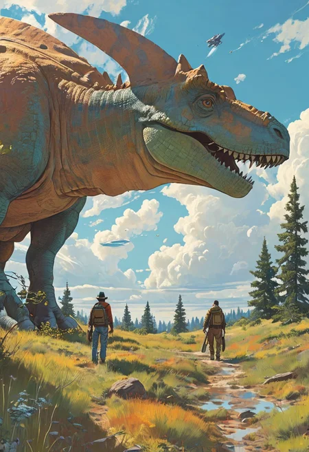 a man, a dinosaur and a spaceship in the prairie, trees, forest, blue sky, clouds, in the style of moebius, high detail.