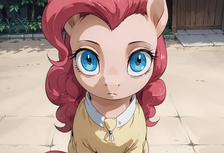 score_9, score_8_up, score_7_up, anime screencap, BREAK, my little pony Pinkie Pie, a pink earth pony with blue eyes, source_feral, outdoors, daylight, insanity-angle, expressionless face, source_anime, retro anime style, <lora:mindlessface-XL-v2:0.7>,(mindlessface:1.1),