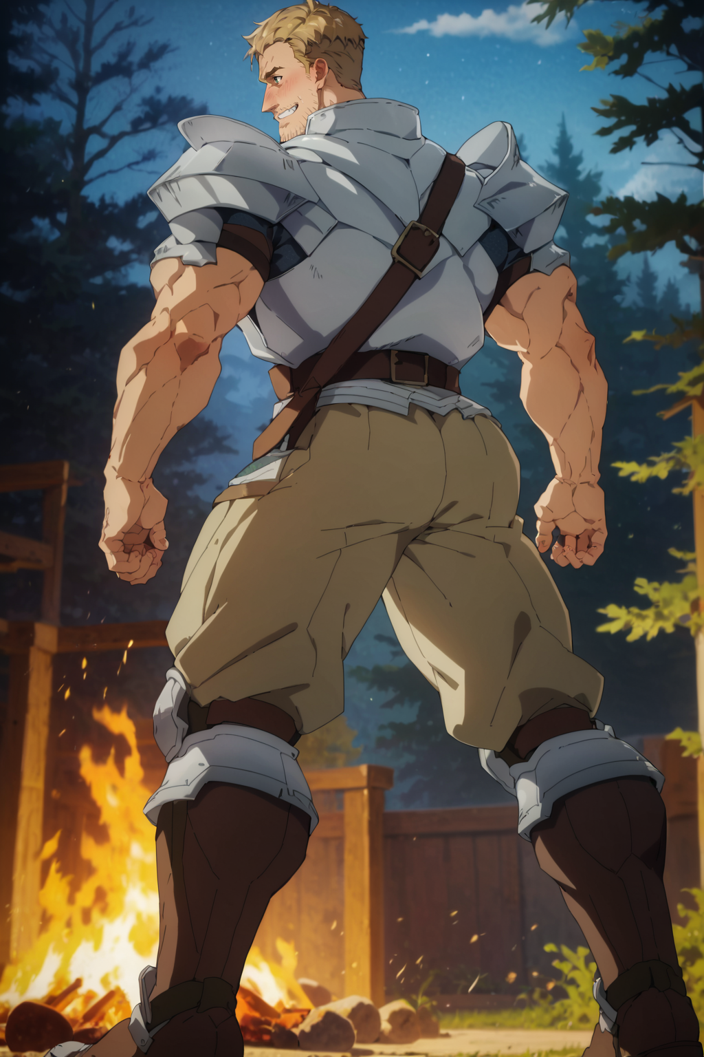 score_9,score_7_up,score_6_up,score_5_up,score_4_up, 1boy, solo, bara, muscular male, beard, blonde hair, green eyes, ear blush, nose blush, outdoors, narrow waist, grin, seiza, from below, looking at straight, full body, rear view, ass, belt, armor, double biceps pose, perfect anatomy, perfect proportions, best quality, masterpiece, high_resolution, high quality, best aesthetic, incredibly absurdres, highres, extremely detailed, huge filesize, source_anime \(campfire cooking in another world with my absurd skill\), sharp shadows, direct lighting, vibrant colors, glow effect, bloom, edge color fringing, chromatic aberration, Werner from anime \(Campfire cooking in another world with my absurd skill\),  <lora:add-detail-xl:1>,  <lora:Anime Summer Days 2 Style SDXL_LoRA_Pony Diffusion V6 XL:0.8>,  <lora:Werner_-_Campfire_cooking_in_another_world_with_my_absurd_skill-vtest1:1>