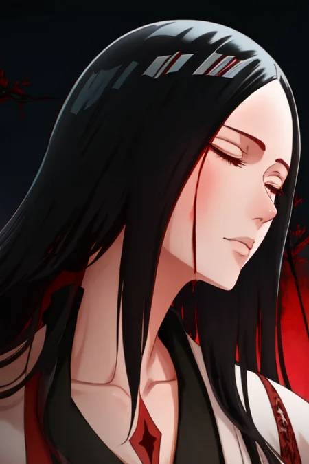 Unohana, solo, japanese clothes, closed eyes, haori, blood sky, from side, <lora:unohanaYachiruBleach_v09:0.85>