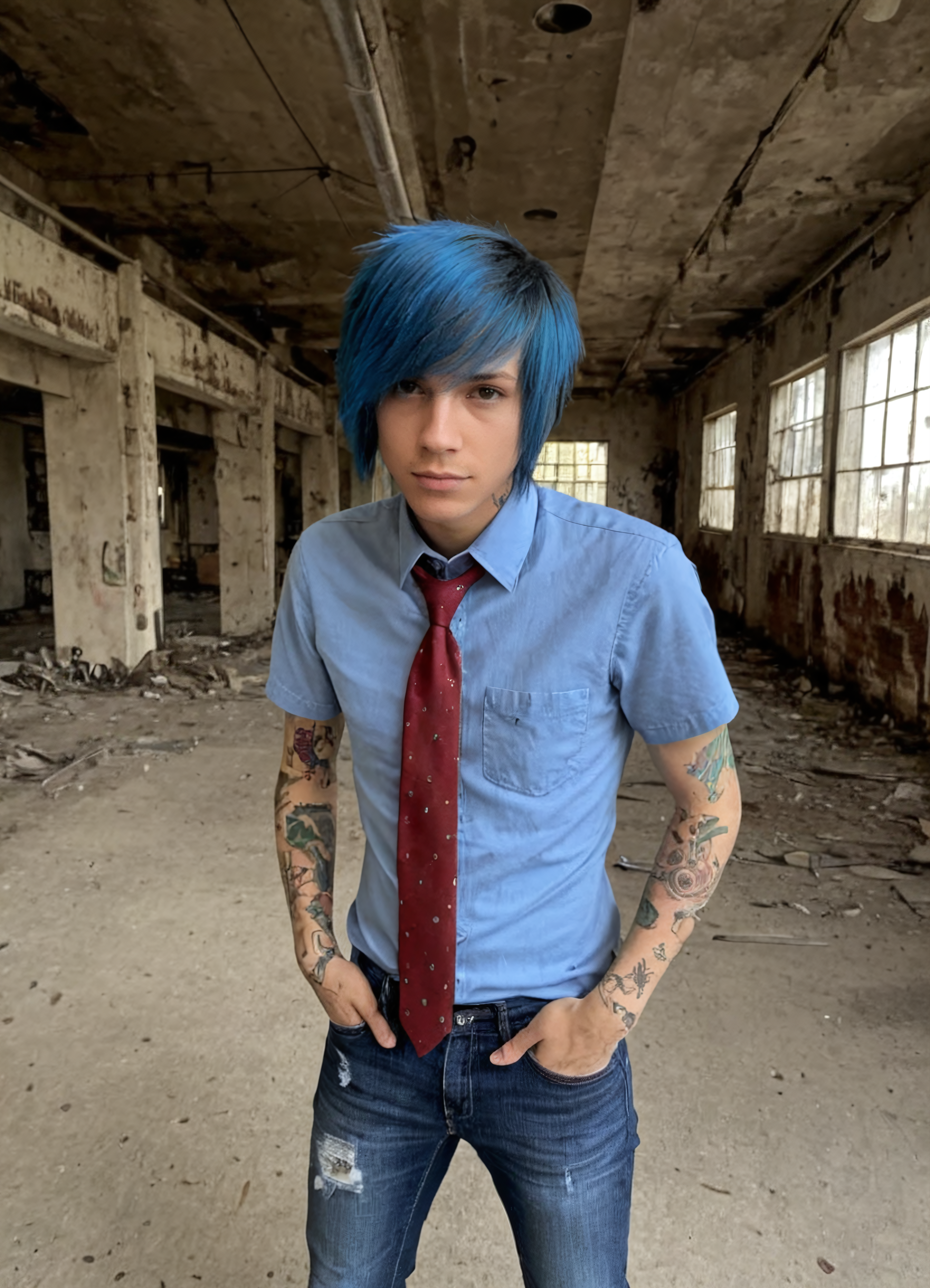 1boy, sceneboy, abandoned factory, posing, necktie,  tattoos, vibrant colors, shirt, jeans, blue short hair,
 <lora:sceneboys-000007:1.0000000000000002>