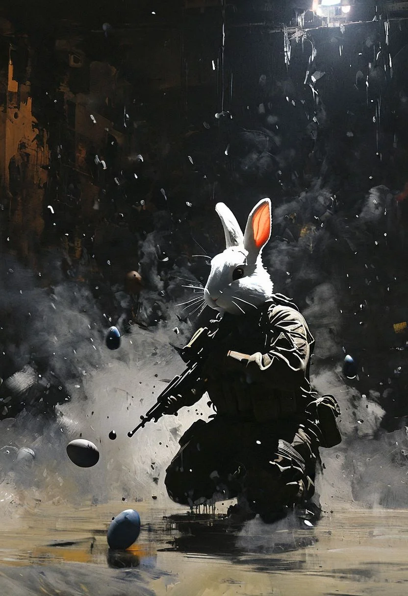(1944 year World War II chronicle bunny hiding Easter eggs:1.8), dark black oil theme, dark noir style, <lora:AshleyWoodArtAIcc:1> AshleyWoodArtAI <lora:greg_rutkowski_xl_v1:1> Greg Rutkowski, (scene from movie saving private ryan:1.4),  black smoke and fog, liquid black oil splash and droplets, dynamic action motion capture, colorful, luminism, bioluminescence, studio lighting, hyper detailed, (masterpiece, best quality:1.4), ray tracing reflection, sharp focus, shallow depth of field detailed background, (ultra realistic:1.2), (add details, more artful:1.4), 16k