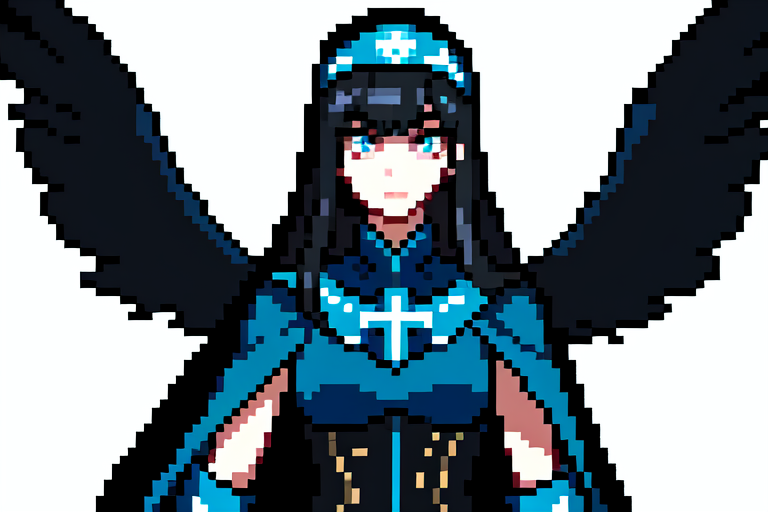 highly insanely detailed, masterpiece, top quality, best quality, highres, 4k, 8k, RAW photo, (very aesthetic, beautiful and aesthetic),  
beth_\(megami_tensei\),bethsmtii,shin megami tensei ii,long hair,black hair,straight hair,sleek black,jewelry,cross,headband,red_lipstick,white cape,cape_with_messian_symbol,Religious_cape,messian_symbol_cape,holy_knight_cape,Blue_dress,armored_corset,blue shirt,bandana_with_messian_symbol,Religious_bandana,symbol_headband,messian_church_bandana,katana,sword,Tokyo_Millennium,post-apocalyptic_city,dystopian_world,Order_of_Messiah,Religious_order,messianic_cult,divine_rulers,Millennium_News_Network,City_news,propaganda_broadcasts,information_contro,Great_Cataclysm,World_ending_event,apocalyptic_disaster,city_rebirt, 
<lora:zs_Beth:0>, 
(1girl:1.3), 1other, 
pearl white background,âââ