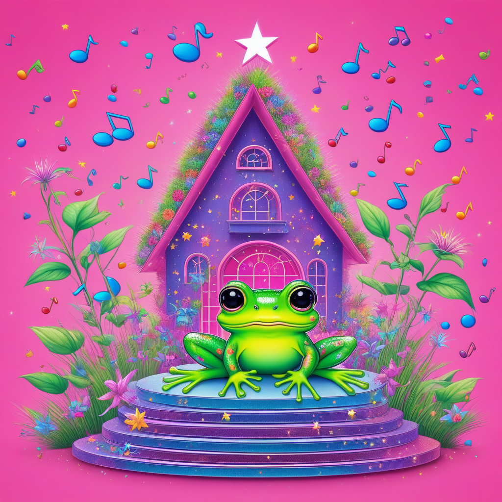 stairs, earrings, solo, long hair, cherry, grass, day, gradient, star (symbol), rainbow hair, closed mouth, vibrant rainbow, tree, frog, planet, colorful, sparkles, musical note, house, pink background, pointy ears, closed eyes, scales, piercing, hair bow, building, double bun, 1girl, heart, flower, cute creatures, simple background