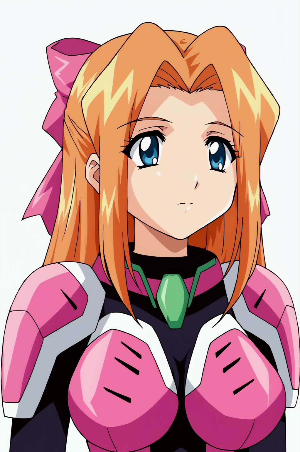 <lora:Divergence_Eve2:0.8>, white background, Suzanna Bluestein, solo, long hair, bow, upper body, hair bow, orange hair, armor, bodysuit, pink bow, pilot suit