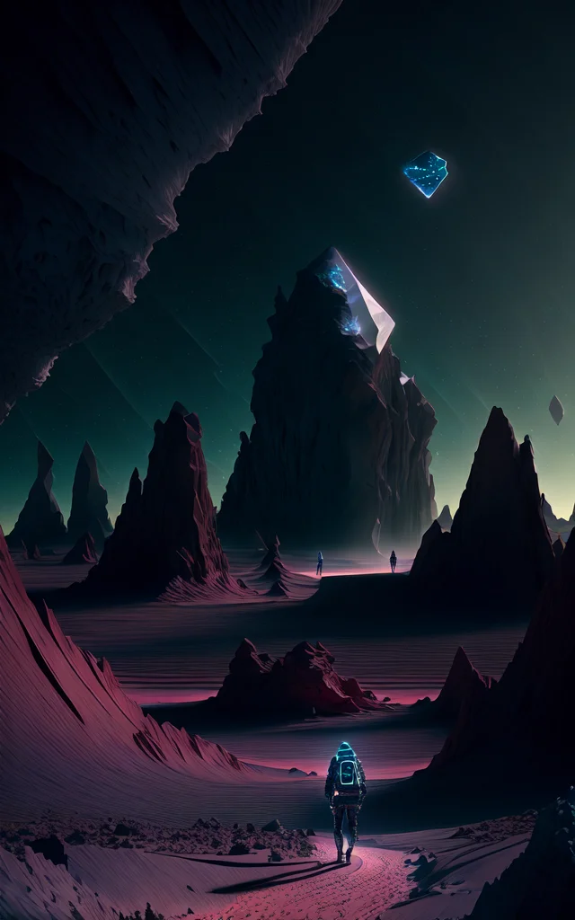 photo of a futuristic explorer walking in an otherworldly diamond landscape, atmospheric lighting, trippy