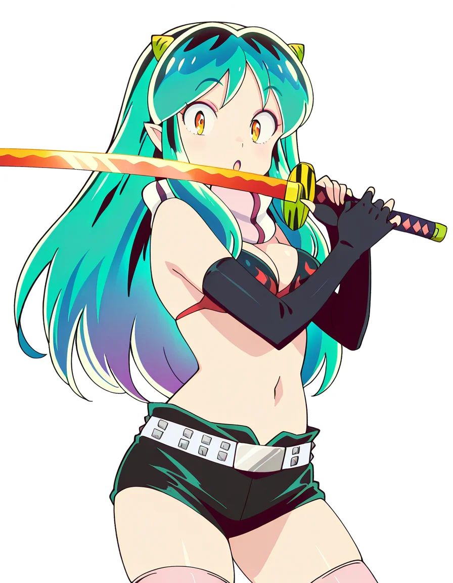 masterpiece, best quality, amazing quality,, <lora:urusei-yatsura-lum-s1-illustriousxl-lora-nochekaiser:1>, lum, long hair, bangs, blue hair, orange eyes, horns, pointy ears, aqua hair, oni horns, eyeshadow, mature female, medium breasts, anime screencap, <lora:yoko-littner-cosplay-illustriousxl-lora-nochekaiser:1>, yoko littner cosplay, yoko littner (cosplay), bikini top only, no shirt, belt, shorts, black shorts, short shorts, elbow gloves, gloves, thighhighs, scarf, flame print, navel, midriff,, <lora:sword-guard-stance-illustriousxl-lora-nochekaiser:1>, sword guard stance, sword, weapon, solo, katana, holding, holding weapon, holding sword, looking at viewer, cowboy shot,, surprised,:o,wide_eyes, , <lora:transparent-background-illustriousxl-lora-nochekaiser:1>, transparent background, simple background, white background, ,