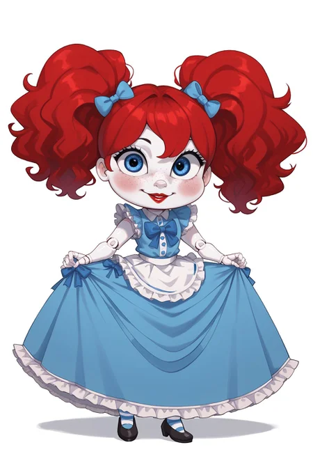 score_9, score_8_up, score_7_up, score_6_up,  2d, source_anime, 1girl, poppy (poppy playtime), short twintails, drill hair, red hair, freckles, frills, rosy cheeks, blue ribbons holding hair, hair ornaments, petite, big head, doll body, wide wips, curvy, pale skin, doll joints, red lipstick, blue eyes, blue dress, long skirt, ruffled skirt, black footwear, striped thighhighs, thighhigh, doll girl, full body, holding skirt, bow to viewer, looking at viewer, smile, white background