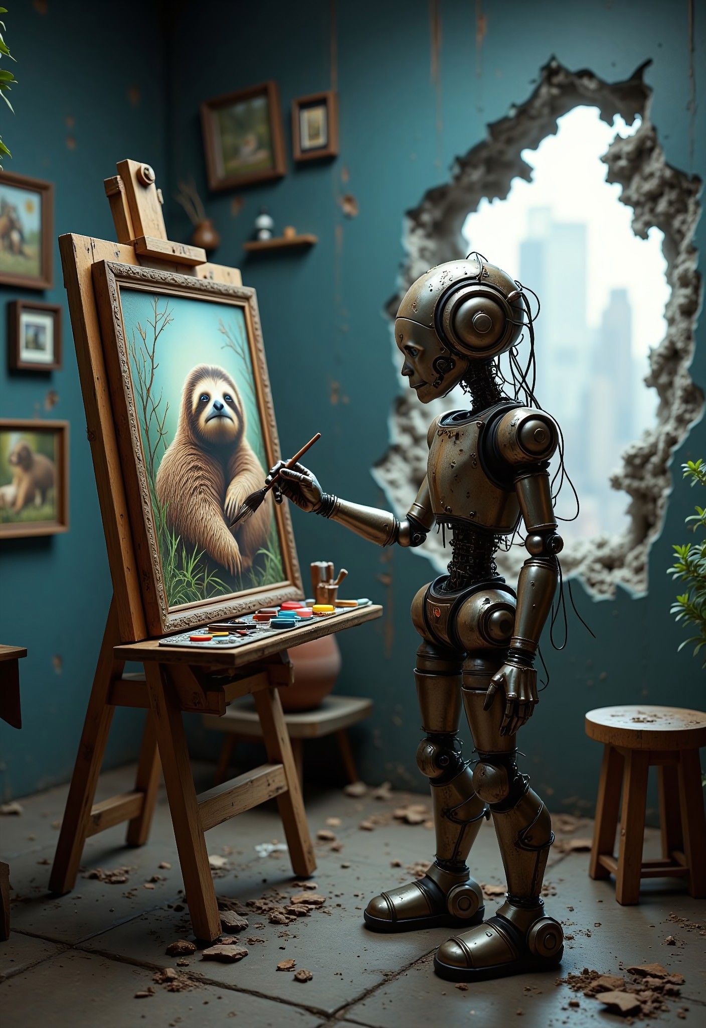 aidmaimageupgrader, a high quality digital colour image of a rusty broken old robot standing in an art studio, there are several loose old wires on the robot. The robot is holding a paintbrush and is in the process of painting on an easel. The robot is painting a beautiful portrait of a sloth. The easel is set up with a palette of colors, brushes, and other art supplies. The background of the image is a collapsing dark blue wall with several broken framed paintings hanging on it and a ruined cityscape is visible in the background through the collapsing wall. There is also a small wooden stool and a potted plant in the corner of the room.