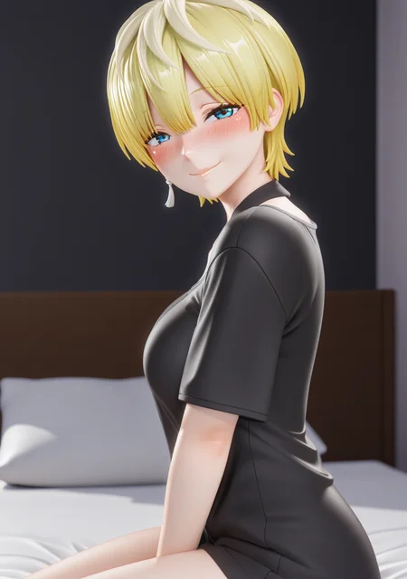 masterpiece,best quality,amazing quality,
1girl,<lora:matochara:0.8>,izumo tenka,blonde hair,blue eyes,earring,looking at viewer,smile,blush,from side,short hair,
sitting,on bed,<lora:FFFigure_Style:1>,fffigure,3d,