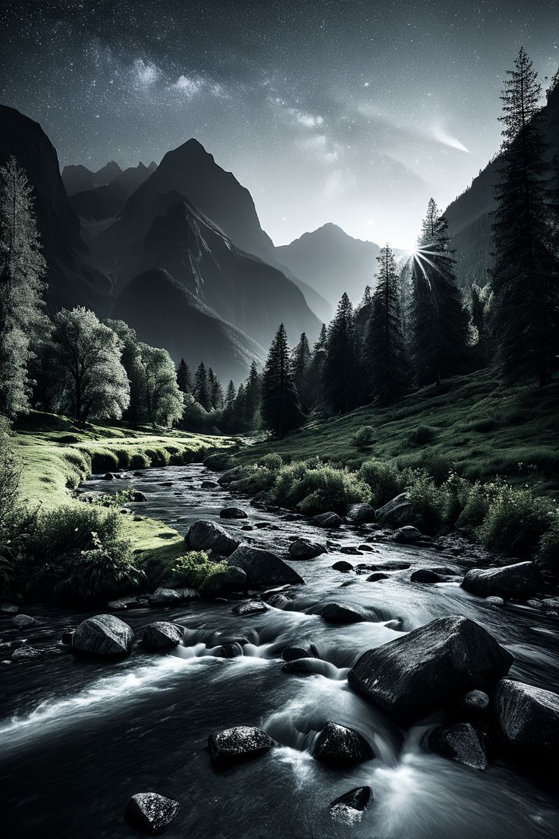 (((a wide, verdant valley surrounded by towering peaks, with a winding river that glows faintly under the stars.))), High Contrast Monochrome, Timeless Elegance: dramatic lighting, black and white, sharp focus, classic ambiance, vintage elements, bold contrasts, elegant textures, timeless look, moody atmosphere, sophisticated aesthetics, capturing emotions, intense scenes, professional technique, striking visuals, storytelling through shadows, creative concept, stylish approach, classic styling, refined environment, surreal visuals, captivating narrative, intricate details, iconic scenes, editorial storytelling, professional lighting, creating visual impact, evoking drama, pushing creative boundaries <lora:add-detail-xl:2> <lora:Cosine_freck:1>