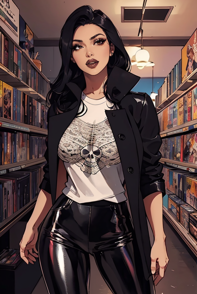 portrait, woman, adult, (black hair), HUD_P3arl_Sh4wl, jewelry, shawl made of pearls, high heels, makeup, lipstick, false eyelashes, <lora:HUD_P3arl_Sh4wl-07:0.75>, long black trench coat, skull-print t-shirt, leather pants, and lace-up boots, 1980s video store, walls of VHS tapes, movie posters, excited discussions over which film to rent, a sense of adventure in choosing, communal bonding over favorites