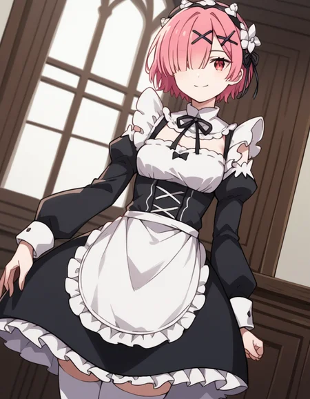 score_9, score_8_up, score_7_up, source_anime, <lora:rezero-ram-s1s2-ponyxl-lora-nochekaiser:1>, ram, hair flower, hair ornament, hair over one eye, pink hair, red eyes, short hair, x hair ornament,, apron, black bow, black dress, black ribbon, bow, detached sleeves, dress, frilled apron, frilled sleeves, frills, juliet sleeves, long sleeves, maid, neck ribbon, puffy sleeves, ribbon, roswaal mansion maid uniform, thighhighs, two-tone dress, waist apron, white bow, white dress, white thighhighs,, indoors, smile, looking at viewer, solo,, cowboy shot, dutch angle