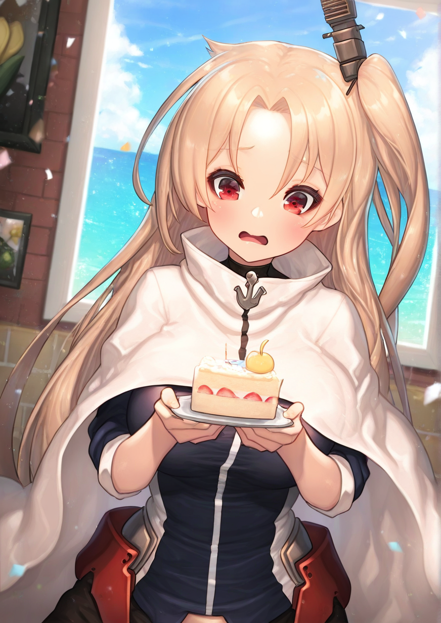 <lora:rikume:1>,1girl, cleveland \(azur lane\), montpelier \(azur lane\), huge breasts, wide hips, azur lane, armband, artist self-reference, black shirt, blonde hair, blue sky, blush, bow, brick wall, cake, cape, cloud, confetti, day, flower, food, grey hair, hair flaps, hair ornament, hairclip, happy birthday, head tilt, heart, horizon, indoors, long hair, long sleeves, ocean, open mouth, overalls, photo (object), picture frame, red bow, red eyes, shirt, sky, solo, tulip, upper body, water, white cape, window, yellow flower, yellow tulip, 
animated, dynamic angle,very awa, masterpiece, best quality, highres, absurdes,amazing quality,very aesthetic,intricate details,detailed background, <lora:hand 5.5:1>