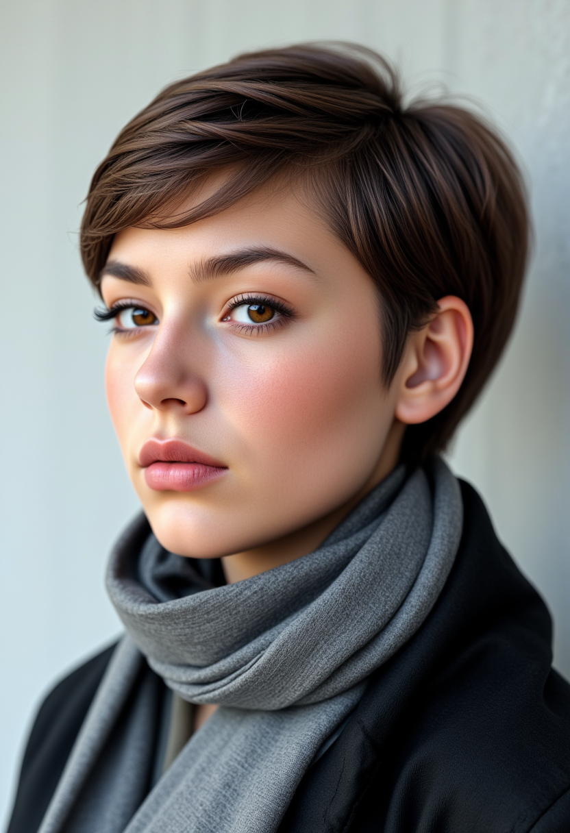 Hyperrealism, she is looking at the camera, (dynamic angles), profile headshots of a beautiful, stunning unique female character. she has short brown hair. her brown eyes are filled with joy and excitement, extravagant eyelashes, She is wearing a grey scarf and black coat. making this image a masterpiece of photography and digital art. Style: realistic hyper-detailed rendering, 32k UHD, expressive eyes, punk, graphic design, girl's face, pretty and cute, gleaming lips, white skin, telling a tale of adventure. Exuding confidence and serenity. The background is a simple white wall. The overall mood of the image is happy and relaxed.RAW candid cinema,16mm,color graded portra 400 film,remarkable color,ultra realistic,textured skin,remarkable detailed pupils,realistic dull skin noise,visible skin detail,skin fuzz,dry skin,shot with cinematic camera,detailed skin texture,(blush:0.2),(goosebumps:0.3),subsurface scattering,beautiful photograph in the style of Augustus John,Sergio Toppi,Virginia Frances Sterrett,8k HD,detailed skin texture,ultra realistic,textured skin,analog raw photo,cinematic grain,whimsical