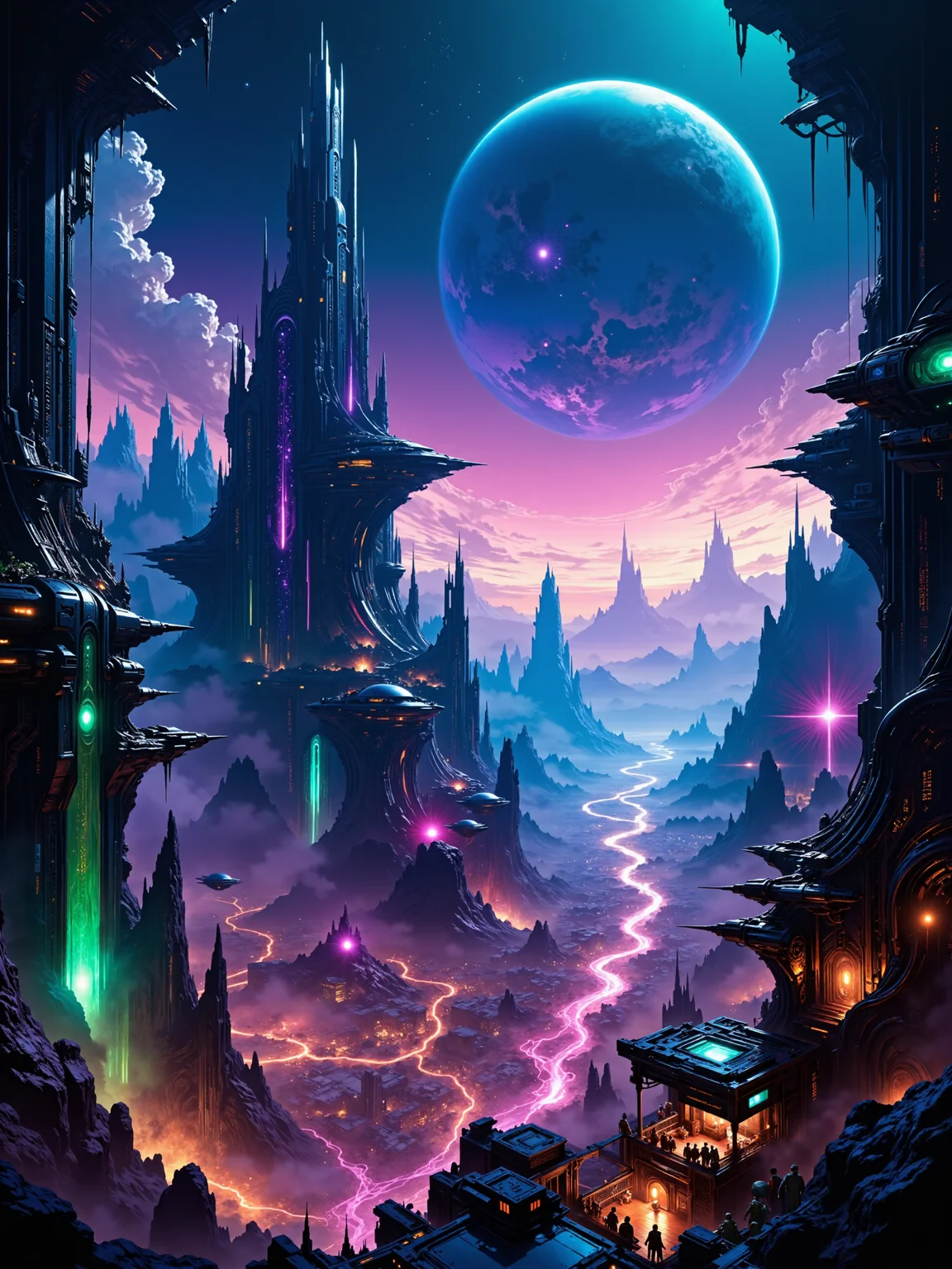 famous artwork, movie poster style, extremely detailed and atmospheric masterwork painting of an epic sci-fi cityscape at night on a distant world, the towering, intricate structures glow with vibrant neon lights in hues of blue, purple, and green, casting an otherworldly radiance across the sprawling metropolis, towering skyscrapers are brimming with glowing energy conduits and holographic billboards, while sleek, illuminated flying vehicles dart through the air like streams of light, the streets below are alive with activity, bustling with diverse alien life and market stalls lit by hanging lanterns and flickering digital signs, the architecture is a complex blend of futuristic technology and organic, alien design, with angular, layered forms reflecting the neon glow, in the distance, the faint outline of a planetary ring is visible in the dark sky, punctuated by swirling clouds and distant stars, the predominant light source is the city's vibrant energy, creating a rich, atmospheric contrast between deep shadows and luminous, colorful highlights, capturing the pulsing energy of an advanced alien civilization, <lora:style-fantastic_landscapes-flux-by_artifyai:1.0>