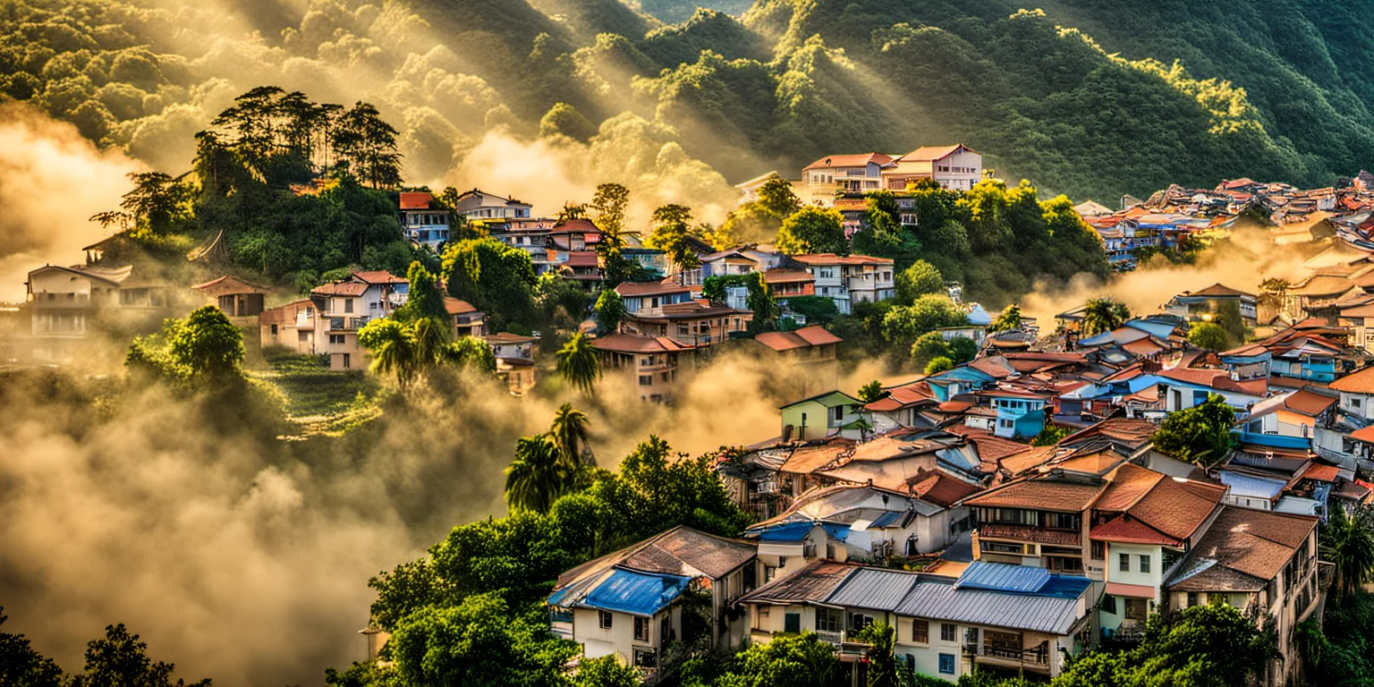 a view of a village and mountains from a hill top in the sun light, clound, ray light, realicstic, bacsonvietnam <lora:bacsonvietnam-000002:1>, (masterpiece,best quality:1.5), ultra realistic,32k,RAW photo,(high detailed skin:1.2), 8k uhd, dslr, soft lighting, high quality, film grain