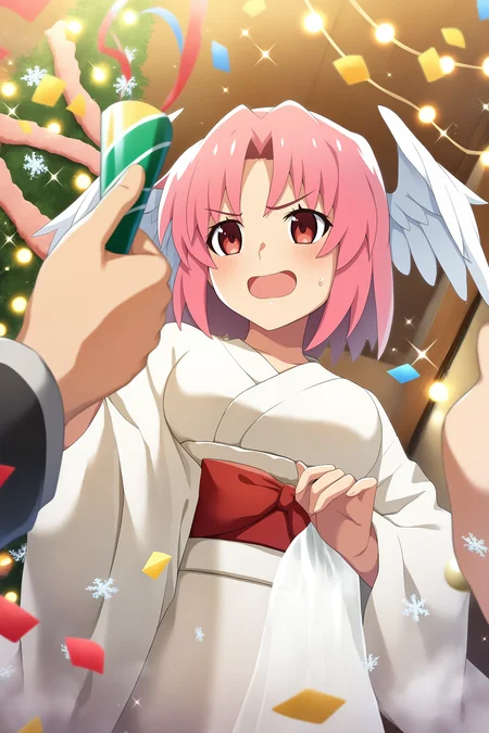 higurashimei, 1girl, breasts, blush, open mouth, short hair, long sleeves, red eyes, holding, animal ears, pink hair, wings, japanese clothes, solo focus, indoors, wide sleeves, kimono, sweatdrop, parted bangs, v-shaped eyebrows, sash, sparkle, dutch angle, umbrella, obi, head wings, 1other, feathered wings, christmas, white kimono, bird wings, confetti, snowflakes, christmas tree, wreath, christmas lights, party popper, streamers, tamurahime no mikoto, 
(atmospheric perspective), 
(masterpiece, best quality, absurdres, highres, newest, very awa:1.2), 