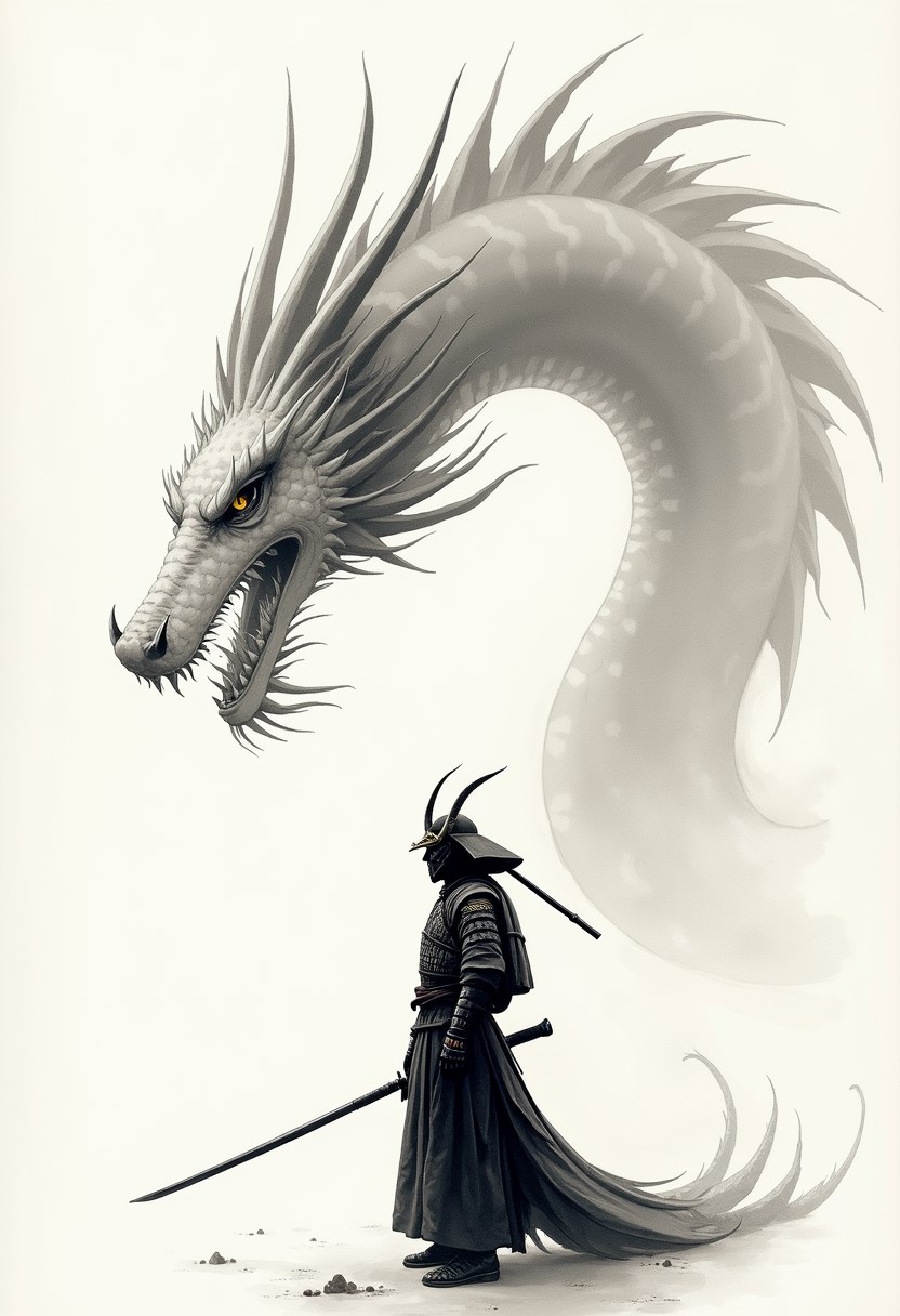 A stunning and minimalist ink wash illustration of a Japanese samurai standing defiantly in front of a magnificent dragon. The samurai wears traditional armor, and his face is hidden behind a ritualistic mask. The dragon, with a fierce gaze, is portrayed with elegant strokes, using light white and dark gray tones. The background is simple and evokes a feeling of tranquility. The artwork is reminiscent of gongbi painting techniques, combining elements of witchcore and conceptual art, resulting in a breathtaking masterpiece., conceptual art, painting