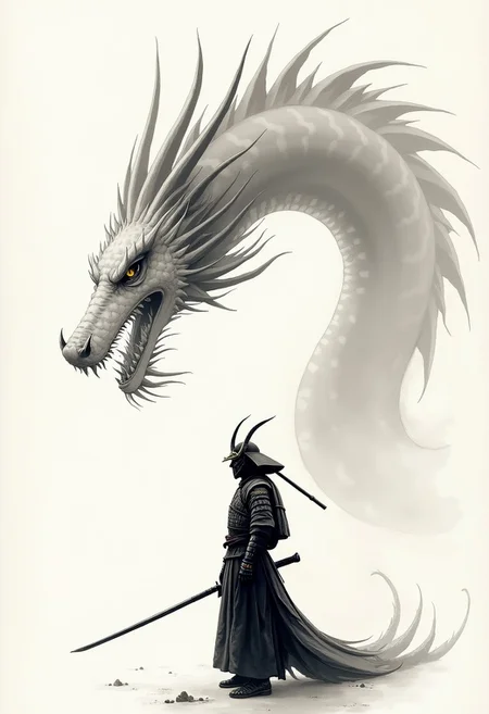 A stunning and minimalist ink wash illustration of a Japanese samurai standing defiantly in front of a magnificent dragon. The samurai wears traditional armor, and his face is hidden behind a ritualistic mask. The dragon, with a fierce gaze, is portrayed with elegant strokes, using light white and dark gray tones. The background is simple and evokes a feeling of tranquility. The artwork is reminiscent of gongbi painting techniques, combining elements of witchcore and conceptual art, resulting in a breathtaking masterpiece., conceptual art, painting