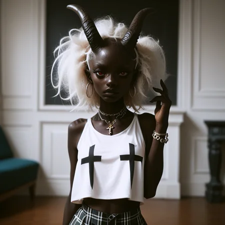score_9_up, score_8_up, score_7_up,
1girl, solo, <lora:bdemonpony011:1>, colored skin, pale skin, black skin, black hands, black feet, red eyes, black iris, monster girl, skinny, slim, horns, white hair,
chain necklace, cross necklace, bracelets, white shirt and plaid skirt,
indoors, dark black room, music decorations, 80's punk style, solo, <lora:Skin Color_alpha1.0_rank4_noxattn_250steps:2.0>