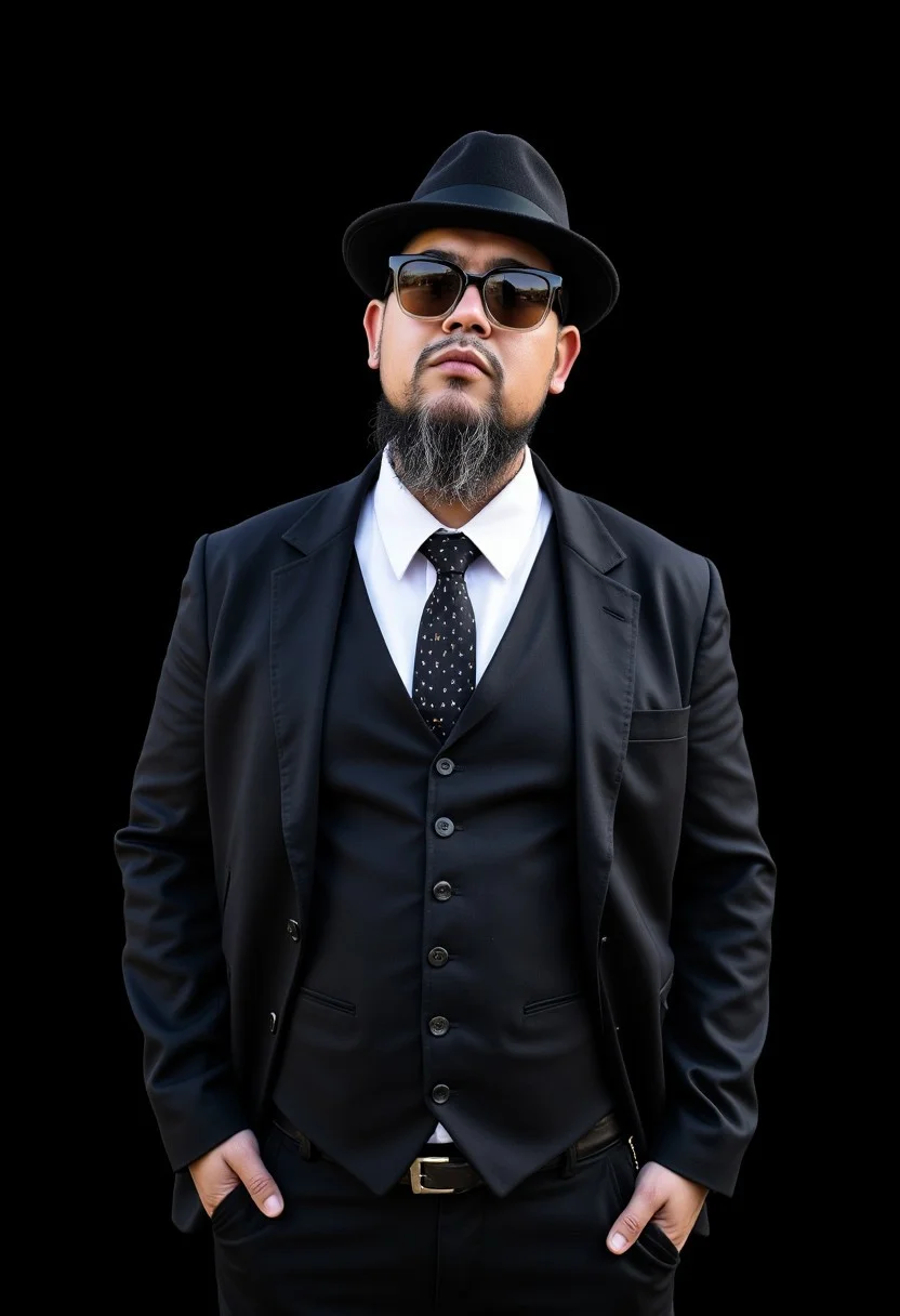 8k resolution, award winning photograph, photo taken with iphone 15 pro, Suit thug, sunglasses, oruga420, solo, 1boy, male focus, hat, shirt, necktie, jewelry, earrings, formal, looking at viewer, collared shirt, black headwear, jacket, white shirt, suit, black jacket, black vest, vest, hands in pockets, black necktie, black hair, black background, pants, belt, closed mouth, black suit, upper body, fat
Oruga420