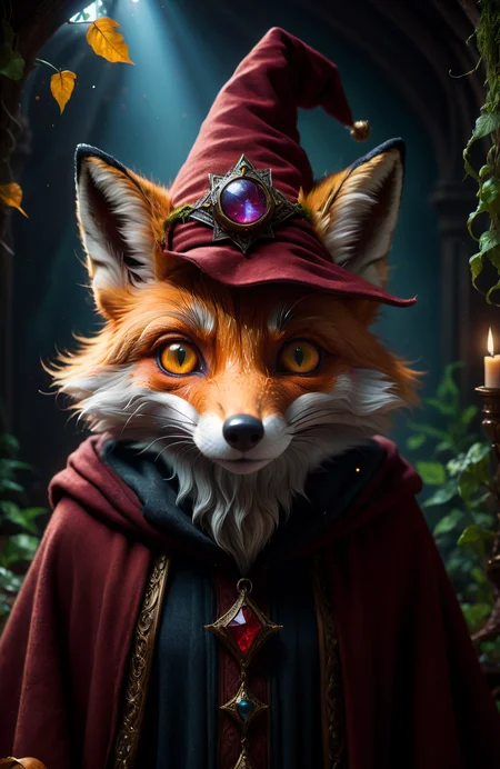 highly detailed portrait of a cunning old fox wizard, in dark woolen wizard robes, wearing a (fez hat:1.3), (fur:1.4), magical, dark underground den office, (shallow depth of field:1.4), foliage, global illumination, radiant light, detailed and intricate environment #cinematic, light shafts, dust motes <lora:FaeTastic:0.6> sparkles, (Extremely Detailed Oil Painting:1.2), glow effects, godrays, Hand drawn, render, 8k, octane render, cinema 4d, blender, dark, atmospheric 4k ultra detailed, cinematic sensual, Sharp focus, humorous illustration, big depth of field, Masterpiece, colors, 3d octane render, 4k, concept art, trending on artstation, hyperrealistic, Vivid colors, extremely detailed CG unity 8k wallpaper, trending on ArtStation, trending on CGSociety, Intricate, High Detail, dramatic