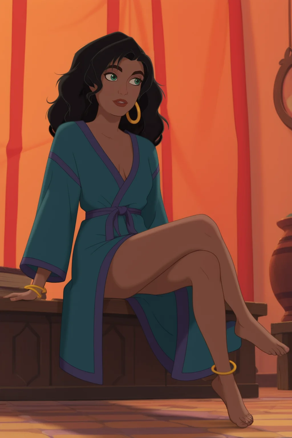 score_9, score_8_up, score_7_up, score_6_up, score_5_up, score_4_up, BREAK, <lora:Esmeralda:.8>, 1girl, Esmeralda, dark skin, green eyes, black hair, earring, bracelet, anklet, blue robe, robe, barefoot, sitting, (((legs crossed)))
