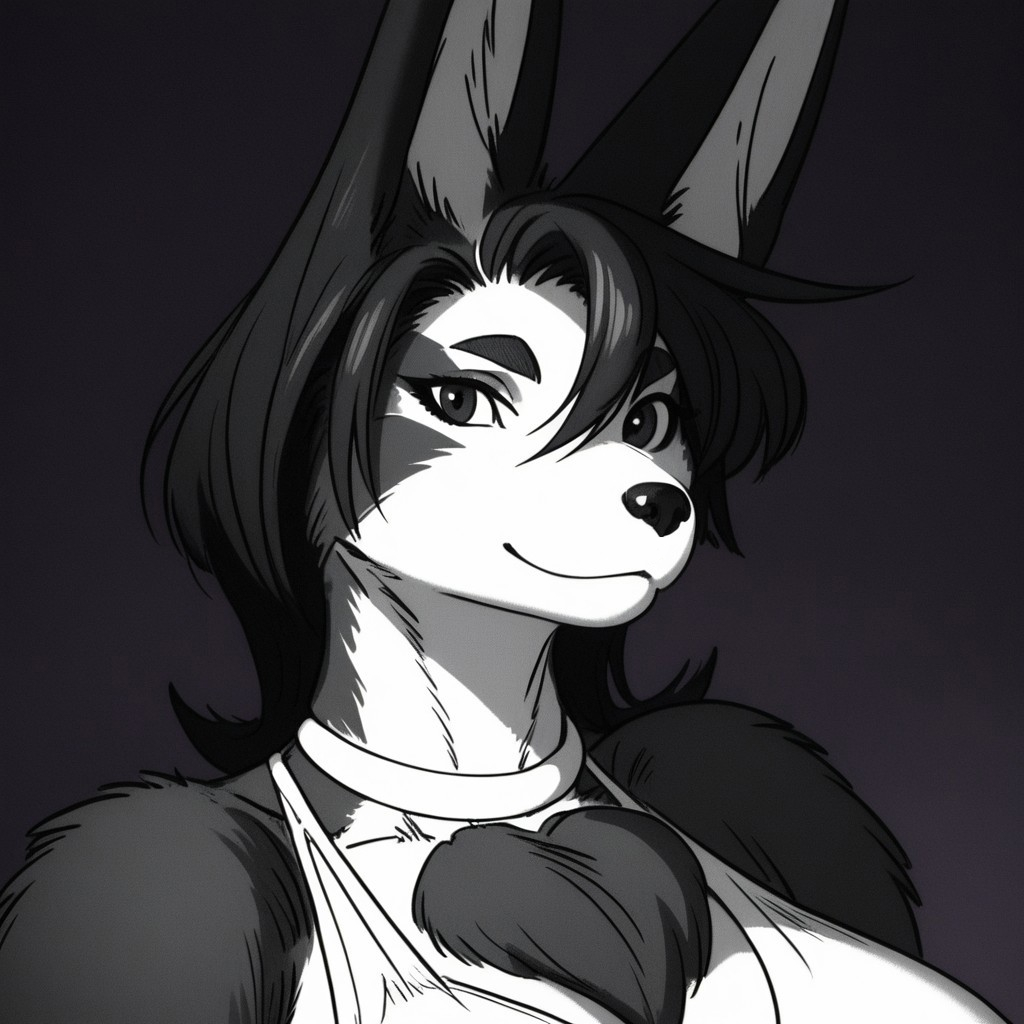 score_9, score_8_up, score_7_up, masterpiece, best quality, highly detailed, realistic, 1girl, solo, (furry, anthro, canine, dog girl, white inner ear, black eyes, black eyebrows, black hair, medium hair, black nose, black chest tuft, big breasts, black body, black fur, white body, white fur, two tone body, two tone fur, white choker, white topwear, clothed, cleavage, cowboy shot), looking at viewer, smile, closed mouth, Expressiveh, purple background, simple background, monochrome, greyscale, (ultra realistic, 32k, masterpiece:1.2), (high detailed skin:1.1), (high quality:1.1)