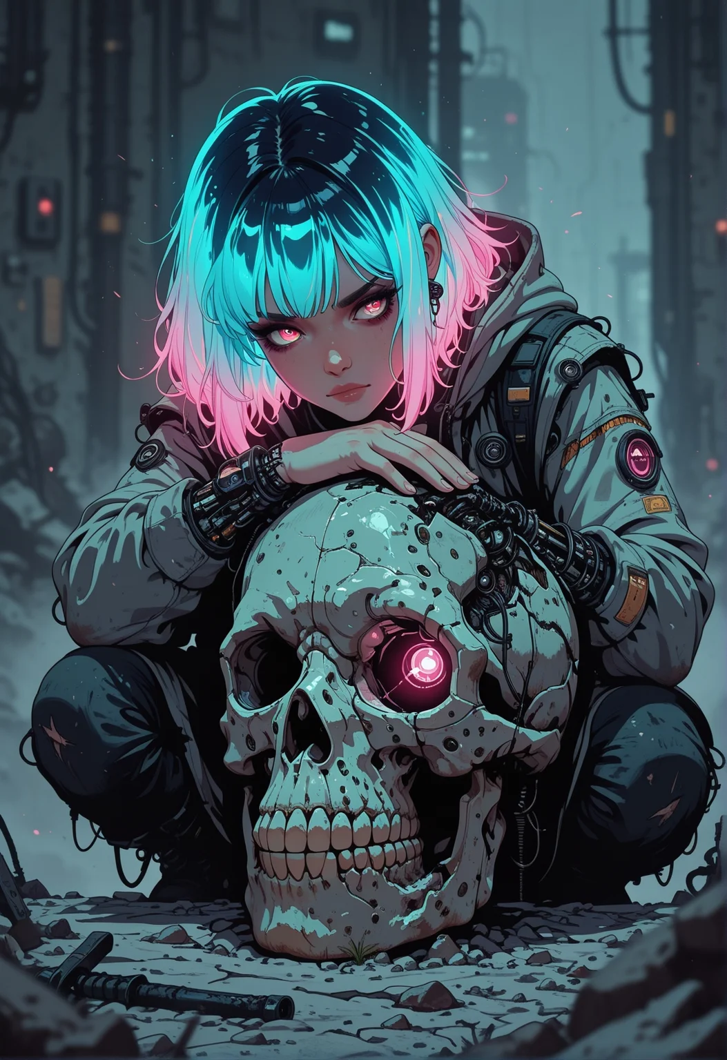<lora:ck-nc-cyberpunk-IL-000011:0.8>, masterpiece, best quality, good quality, very aesthetic, absurdres, newest, 8K, depth of field, focused subject,
gritty skull 1girl, bioluminecent, glowing hair,
in the style of cknc,
<lora:MoriiMee_Gothic_Niji_Style_Illustrious_r1:0.3>
<lora:ck-shadow-circuit-IL:0.6>