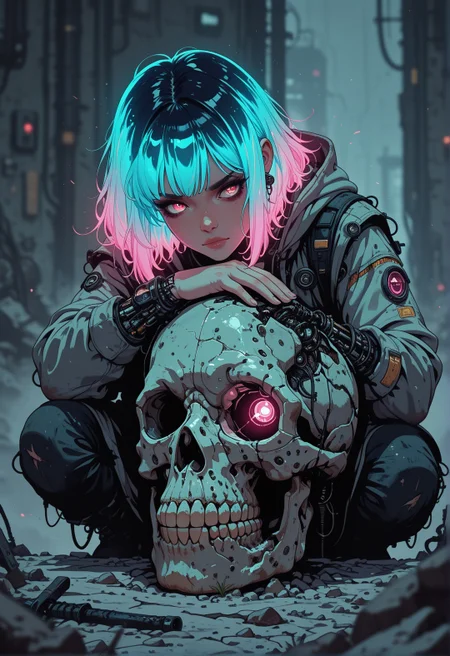<lora:ck-nc-cyberpunk-IL-000011:0.8>, masterpiece, best quality, good quality, very aesthetic, absurdres, newest, 8K, depth of field, focused subject, 
gritty skull 1girl, bioluminecent, glowing hair,
 in the style of cknc, 
 <lora:MoriiMee_Gothic_Niji_Style_Illustrious_r1:0.3> 
 <lora:ck-shadow-circuit-IL:0.6>