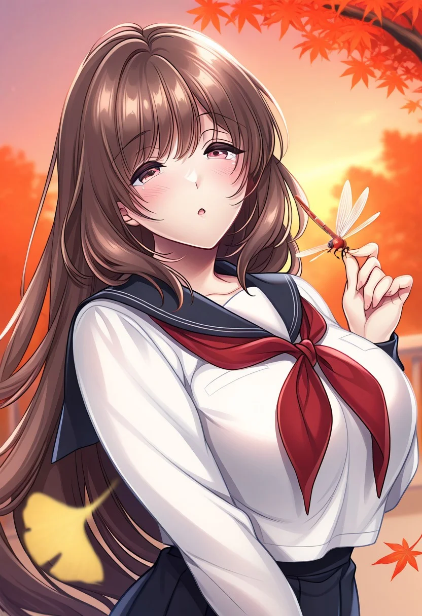 masterpiece, best quality, newest, highres, uncensored, 1girl, Hagino Umi,Brown Hair, Side Tail, Waist Length Hair,Violet Eyes,Big Breasts, Pale, Slim, Young-adult,
1girl,autumn_leaves, autumn, leaf, maple_leaf, holding_leaf, ginkgo_leaf, falling_leaves, 1girl, blurry_foreground, blurry, tree, solo, leaves_in_wind, depth_of_field, outdoors, dragonfly, school_uniform, leaf_on_head, sunset, long_sleeves, red_neckerchief, brown_eyes, blurry_background, serafuku, fire, open_mouth, neckerchief, looking_at_viewer, sky, orange_theme, branch,