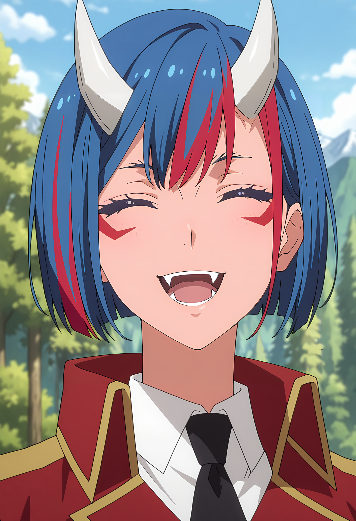 anime screencap, masterpiece, best quality,
<lora:TenSura_Gobwa_IlluXL:0.9>,
1girl, solo, open mouth, smile, teeth, ^ ^, closed eyes,
short hair, streaked hair, blue hair, white horns, facial mark, fangs,
red coat, white shirt, black necktie,
looking at viewer, portrait,
blurry background, outdoors, mountains, scenery, forest, blue sky