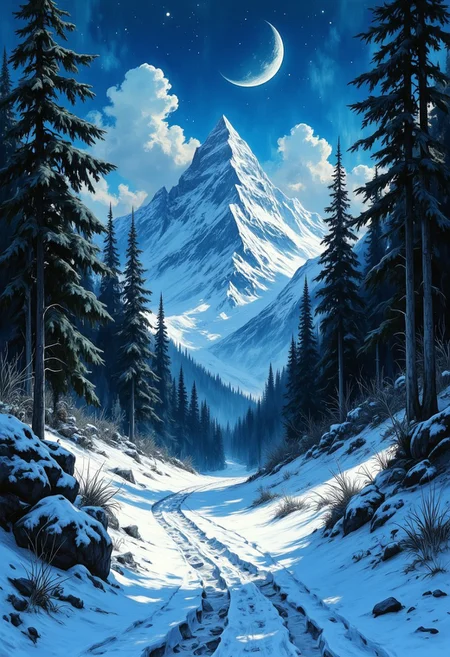 A captivating evening scene illustration featuring a snowy path worn by footprints through a tall pine forest, covered in a foot of snow. Tall mountain peak frame the background, their edges catching starlight and moonlight. A crescent moon is high in the sky casting an silver glow on the edges of clouds adding to the scene's mystique. G0thicL1nes