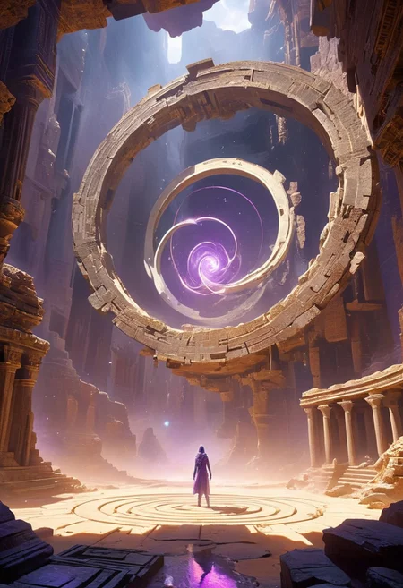 ultra high resolution, masterpiece, best quality,Floating stone labyrinth suspended in a surreal void, colossal ancient blocks spiraling mid-air, glowing white light piercing through the center. Twisting metallic rings orbit the light, casting shadows on the fragmented ruins below. Thick mist blankets the lower sections, creating a sense of infinite depth. The atmosphere is heavy with dust and an otherworldly glow, tinged in muted purple and gray tones. Vast scale, off-center framing with scattered debris, evoking a feeling of weightlessness and forgotten cosmic power.